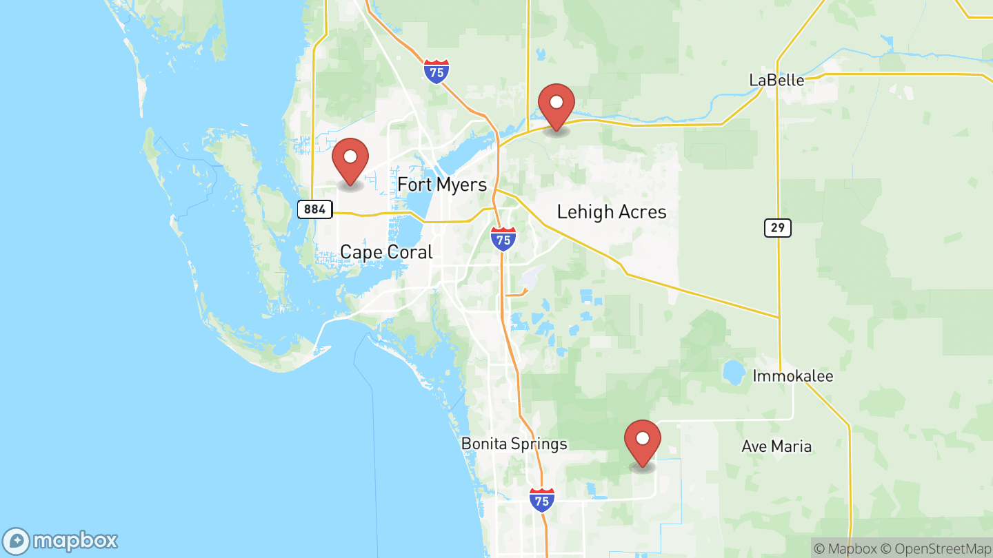 Map with a pin at each place Sewing Studio I meets: Cape Coral, Naples, and Fort Myers